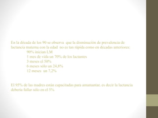 En la década de los 90 se observa que la disminución de prevalencia de
lactancia materna con la edad no es tan rápida como en décadas anteriores:
90% inician LM
1 mes de vida un 70% de los lactantes
3 meses el 50%
6 meses sólo un 24,8%
12 meses un 7,2%
El 95% de las madres están capacitadas para amamantar, es decir la lactancia
debería fallar sólo en el 5%
 