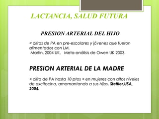 LACTANCIA, SALUD FUTURA
PRESION ARTERIAL DEL HIJO
< cifras de PA en pre-escolares y jóvenes que fueron
alimentados con LM.
Martin, 2004 UK. Meta-análisis de Owen UK 2003.
PRESION ARTERIAL DE LA MADRE
< cifra de PA hasta 10 ptos < en mujeres con altos niveles
de oxcitocina, amamantando a sus hijos. Stettler,USA,
2004.
 