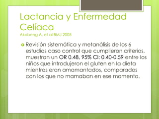 Lactancia y Enfermedad
Celíaca
Akobeng A, et al BMJ 2005
 Revisión sistemática y metanálisis de los 6
estudios caso control que cumplieron criterios,
muestran un OR 0.48, 95% CI: 0.40-0.59 entre los
niños que introdujeron el gluten en la dieta
mientras eran amamantados, comparados
con los que no mamaban en ese momento.
 