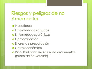 Riesgos y peligros de no
Amamantar
 Infecciones
 Enfermedades agudas
 Enfermedades crónicas
 Contaminación
 Errores de preparación
 Costo económico
 Dificultad para revertir el no amamantar
(punto de no Retorno)
 