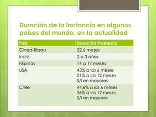 Duración de la lactancia en algunos
países del mundo, en la actualidad
País Duración Promedio
Ginea-Bissau 22.6 meses
India 2 a 3 años
Filipinas 14 a 17 meses
USA 43% a los 6 meses
21% a los 12 meses
S/I en mayores
Chile 44.6% a los 6 meses
36% a los 12 meses
S/I en mayores
 