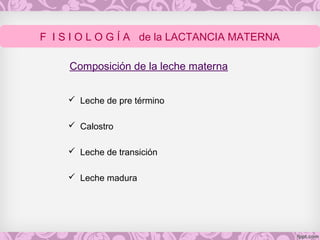 Composición de la leche materna
 Leche de pre término
 Calostro
 Leche de transición
 Leche madura
F I S I O L O G Í A de la LACTANCIA MATERNA
 