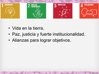 • Vida en la tierra.
• Paz, justicia y fuerte institucionalidad.
• Alianzas para lograr objetivos.
 