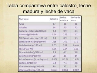 Tabla comparativa entre calostro, leche
madura y leche de vaca
 