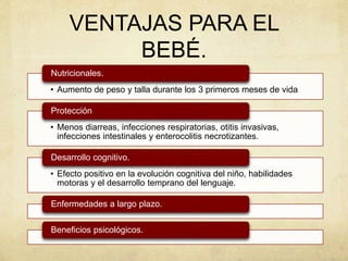 VENTAJAS PARA EL
BEBÉ.
• Aumento de peso y talla durante los 3 primeros meses de vida
Nutricionales.
• Menos diarreas, infecciones respiratorias, otitis invasivas,
infecciones intestinales y enterocolitis necrotizantes.
Protección
• Efecto positivo en la evolución cognitiva del niño, habilidades
motoras y el desarrollo temprano del lenguaje.
Desarrollo cognitivo.
Enfermedades a largo plazo.
Beneficios psicológicos.
 