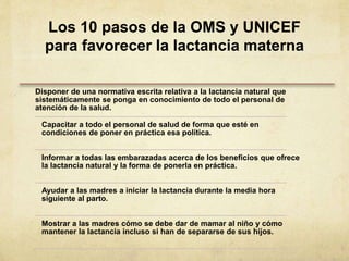 Los 10 pasos de la OMS y UNICEF
para favorecer la lactancia materna
Disponer de una normativa escrita relativa a la lactancia natural que
sistemáticamente se ponga en conocimiento de todo el personal de
atención de la salud.
Capacitar a todo el personal de salud de forma que esté en
condiciones de poner en práctica esa política.
Informar a todas las embarazadas acerca de los beneficios que ofrece
la lactancia natural y la forma de ponerla en práctica.
Ayudar a las madres a iniciar la lactancia durante la media hora
siguiente al parto.
Mostrar a las madres cómo se debe dar de mamar al niño y cómo
mantener la lactancia incluso si han de separarse de sus hijos.
 
