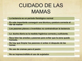 CUIDADO DE LAS
MAMAS
La lactancia es un período fisiológico normal
Es más importante conseguir una técnica y postura correcta al
dar de mamar
Los pezones planos o invertidos no contraindican la lactancia
La ducha diaria es la medida higiénica correcta y suficiente.
Seca bien las areolas y pezones para evitar que la zona quede
húmeda.
No hay que limpiar los pezones ni antes ni después de las
tomas.
No uso de cremas para el pezón
No es imprescindible el uso de sujetador
 