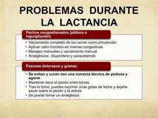 PROBLEMAS DURANTE
LA LACTANCIA
• Vaciamiento completo de los senos como prevención
• Aplicar calor húmedo en mamas congestivas
• Masajes manuales y vaciamiento manual
• Analgésicos (ibuprofeno y paracetamol)
Pechos congestionados (plétora o
ingurgitación)
• Se evitan y curan con una correcta técnica de postura y
agarre.
• Mantener seco el pezón entre tomas.
• Tras la toma, puedes exprimir unas gotas de leche y dejarla
secar sobre el pezón y la aréola
• Se puede tomar un analgésico
Pezones dolorosos y grietas:
 