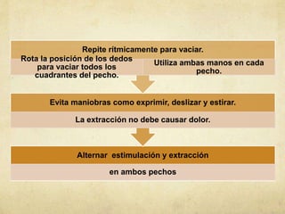 Alternar estimulación y extracción
en ambos pechos
Evita maniobras como exprimir, deslizar y estirar.
La extracción no debe causar dolor.
Repite rítmicamente para vaciar.
Rota la posición de los dedos
para vaciar todos los
cuadrantes del pecho.
Utiliza ambas manos en cada
pecho.
 