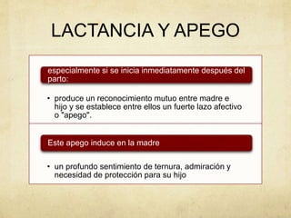 LACTANCIA Y APEGO
• produce un reconocimiento mutuo entre madre e
hijo y se establece entre ellos un fuerte lazo afectivo
o "apego".
especialmente si se inicia inmediatamente después del
parto:
• un profundo sentimiento de ternura, admiración y
necesidad de protección para su hijo
Este apego induce en la madre
 