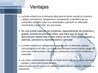 Ventajas
 La leche materna es el alimento ideal para el recién nacido en cuanto a
calidad, consistencia, temperatura, composición y equilibrio de sus
nutrientes; también cubre sus necesidades y permite un adecuado
crecimiento y desarrollo por seis meses.
 Es una fuente esencial de nutrientes, especialmente de proteínas y
grasas durante los primeros años, que hace que el riesgo de
desnutrición infantil sea mucho menor en los niños amamantados y,
además, previene la hiperbilirrubemia neonatal
 La leche materna es indispensable para formar un eficiente sistema
inmunológico en el niño. Los niños amamantados tienen menos riesgo de
morir por enfermedades infecciosas y presentan una menor incidencia y
severidad
 Los niños amamantados tienen un mejor desarrollo de los arcos dentales,
paladar y otros estructuras faciales,
menor incidencia de caries y un equilibrio adecuado en succión, deglución y
respiración
 