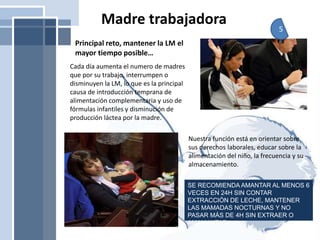 Madre trabajadora
Principal reto, mantener la LM el
mayor tiempo posible…
Cada día aumenta el numero de madres
que por su trabajo, interrumpen o
disminuyen la LM, lo que es la principal
causa de introducción temprana de
alimentación complementaria y uso de
fórmulas infantiles y disminución de
producción láctea por la madre.
Nuestra función está en orientar sobre
sus derechos laborales, educar sobre la
alimentación del niño, la frecuencia y su
almacenamiento.
SE RECOMIENDA AMANTAR AL MENOS 6
VECES EN 24H SIN CONTAR
EXTRACCIÓN DE LECHE, MANTENER
LAS MAMADAS NOCTURNAS Y NO
PASAR MÁS DE 4H SIN EXTRAER O
AMAMANTAR.
5
 