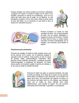 Postura sentada: Se coloca al bebé con el tronco enfrentado
y pegado a la madre. La madre lo sujeta con la mano en su
espalda, apoyando la cabeza en el antebrazo, pero no muy
cerca del codo para que el cuello no se flexione, lo que
dificultaría el agarre. Con la otra mano dirige el pecho hacia
la boca del bebé y en el momento en que éste la abre, lo
acerca con suavidad al pecho.
Postura acostada: La madre se sitúa
acostada de lado, con el bebé también
de lado, con su cuerpo enfrentado y
pegado al cuerpo de la madre. Cuando
el bebé abra la boca, la madre puede
acercarlo al pecho empujándole por la
espalda, con suavidad, para facilitar el
agarre.
Posiciones para amamantar
Posición de caballito: El bebé se sitúa sentado sobre una
de las piernas de la madre, con el abdomen pegado y
apoyado sobre el materno. Esta postura es útil en casos
de grietas, reflujo gastroesofágico importante, labio
leporino o fisura palatina, prematuros, mandíbula pequeña
(retromicrognatia) o problemas de hipotonía. En estos
casos puede ser necesario sujetar el pecho por debajo, a
la vez que se sujeta la barbilla del bebé.
Posición en balón de rugby (o posición invertida): Se sitúa
al bebé por debajo de la axila de la madre con las piernas
hacia atrás y la cabeza a nivel del pecho, con el pezón a la
altura de la nariz. Es importante dar sujeción al cuello y a
los hombros del bebé, pero no a la cabeza, que necesita
estar con el cuello un poco estirado para atrás
(deflexionado), para facilitar el agarre. Es una posición
adecuada para amamantar a gemelos y a prematuros.
 