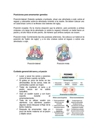 Posiciones para amamantar gemelos
Posición lateral: Estando sentada o tumbada, situar una almohada o cojín sobre el
regazo y colocarlos sobre la almohada mirando a la madre. Se deben colocar uno
en cada brazo como si se llevara dos balones de rugby.
Posición cruzada: Es la misma situación que la anterior, pero poniendo a ambas
criaturas a lo largo de la almohada (o sobre tu regazo) mirando un bebé hacia un
pecho y el otro hacia el otro pecho, de manera que ambos cuerpos se crucen.
Posición mixta: Combinando las dos posturas anteriores. Se coloca a un bebé en la
posición de “balón de rugby” y a la otra criatura sobre el regazo o sobre una
almohada o cojín.
Posición lateral Posición mixta
Cuidado general del seno y el pezón
 Lavar y secar los senos y pezones
como le hace cuando se baña.
 Si gotea un poco de leche en las
almohadillas de los senos, trate de
cambiarlas cuando se mojen.
 Tratar de mantener el seno y el
pezón secos así no saldrá
sarpullido.
 Usar un sostén suave y con buen
soporte durante el
amamantamiento.
 Trate de no utilizar sostén con
alambres. Los alambres pueden
algunas veces bloquear el flujo de la
leche materna.
 Después de amamantar, deje un
poco de leche materna en el pezón
y déjela secar.
 