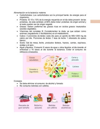 Alimentación en la lactancia materna
 Carbohidratos: Los carbohidratos son la principal fuente de energía para el
organismo.
 Proteína: El 10 o 15% de la energía requerida en el día debe provenir de las
proteínas, de esta cantidad, el 66% debe incluir proteínas de origen animal y
el resto pueden ser de origen vegetal.
 Grasas: Deben preferirse las grasas ricas en ácidos grasos insaturados
(aceites vegetales).
 Vitaminas del complejo B: Complementan la dieta, ya que actúan como
enzimas (reguladores o facilitadores) en el metabolismo.
 Calcio: 3 porciones de lácteo cada día para un aporte de 900-1200 mg de
calcio por día. Porciones de lácteo 1 taza de leche 1 rebanada de queso
blanco.
 Sodio: Sal de mesa, leche, productos lácteos, huevos, carnes, espinaca,
acelga y el apio.
 Agua y líquidos: Consumir 8 vasos de agua u otros líquidos al día durante el
embarazo y 16 vasos al día durante la lactancia. Evitar el consumo de
refrescos envasados.
Consejos
 Se debe eliminar el consumo de alcohol y fumado
 No consuma bebidas con cafeína.
 