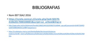 BIBLIOGRAFIAS
• Nom 007 SSA2 2016
• https://scielo.conicyt.cl/scielo.php?pid=S0370-
41062017000100001&script=sci_arttext&tlng=e
• http://apps.who.int/iris/bitstream/handle/10665/44310/9789275330944_spa.pdf;jsessionid=4149F72A9FD
11697208924E65E1129BF?sequence=1
• https://cuidateplus.marca.com/familia/bebe/diccionario/lactancia-
materna.html#:~:text=La%20lactancia%20materna%20es%20el,menos%20hasta%20los%20dos%20a%C3%B
1os.
 