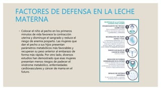 FACTORES DE DEFENSA EN LA LECHE
MATERNA
◦ Colocar el niño al pecho en los primeros
minutos de vida favorece la contracción
uterina y disminuye el sangrado y reduce el
riesgo de anemia posparto. Las mujeres que
dan el pecho a sus hijos presentan
parámetros metabólicos más favorables y
recuperan su peso anterior al embarazo de
forma más rápida. Por otro lado, diversos
estudios han demostrado que esas mujeres
presentan menos riesgos de padecer el
síndrome metabólico, enfermedades
cardiovasculares y cáncer de mama en el
futuro.
 