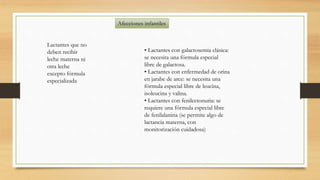 Afecciones infantiles
• Lactantes con galactosemia clásica:
se necesita una fórmula especial
libre de galactosa.
• Lactantes con enfermedad de orina
en jarabe de arce: se necesita una
fórmula especial libre de leucina,
isoleucina y valina.
• Lactantes con fenilcetonuria: se
requiere una fórmula especial libre
de fenilalanina (se permite algo de
lactancia materna, con
monitorización cuidadosa)
Lactantes que no
deben recibir
leche materna ni
otra leche
excepto fórmula
especializada
 
