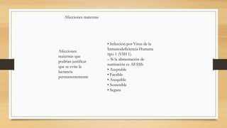 Afecciones maternas
Afecciones
maternas que
podrían justificar
que se evite la
lactancia
permanentemente
• Infección por Virus de la
Inmunodeficiencia Humana
tipo 1 (VIH 1).
– Si la alimentación de
sustitución es AFASS:
• Aceptable
• Factible
• Asequible
• Sostenible
• Segura
 