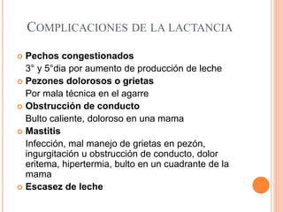 COMPLICACIONES DE LA LACTANCIA
 Pechos congestionados
3° y 5°dia por aumento de producción de leche
 Pezones dolorosos o grietas
Por mala técnica en el agarre
 Obstrucción de conducto
Bulto caliente, doloroso en una mama
 Mastitis
Infección, mal manejo de grietas en pezón,
ingurgitación u obstrucción de conducto, dolor
eritema, hipertermia, bulto en un cuadrante de la
mama
 Escasez de leche
 
