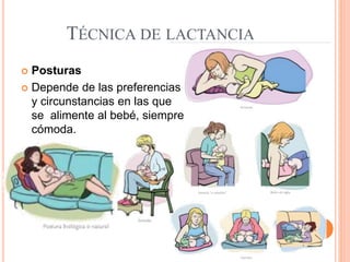 TÉCNICA DE LACTANCIA
 Posturas
 Depende de las preferencias
y circunstancias en las que
se alimente al bebé, siempre
cómoda.
 