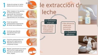 Formas de extracción de
leche
• Técnica
económica,
requiere
entrenamiento
.
1. Manual:
• Más eficiente
para madres
trabajadoras
ocasionales.
2. Extractor
manual: • Alta eficiencia,
ideal para
extracción
frecuente.
3. Extractor
eléctrico:
OMS, "Métodos de extracción de leche", 2023.
 