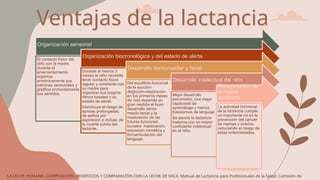 Ventajas de la lactancia
Organización sensorial
El contacto físico del
niño con la madre
durante el
amamantamiento
organiza
armónicamente sus
patrones sensoriales y
gratifica profundamente
sus sentidos.
Organización biocronológica y del estado de alerta
Durante al menos 3
meses el niño necesita
tener contacto físico
regular y constante con
su madre para
organizar sus propios
ritmos basales y su
estado de alerta.
Disminuye el riesgo de
apneas prolongadas,
de asfixia por
aspiración e incluso de
la muerte súbita del
lactante.
Desarrollo dentomaxilar y facial
Del equilibrio funcional
de la succión-
deglución-respiración
en los primeros meses
de vida depende en
gran medida el buen
desarrollo dento-
máxilo-facial y la
maduración de las
futuras funciones
bucales: masticación,
expresión mimética y
fonoarticulación del
lenguaje.
Desarrollo intelectual del niño
Mejor desarrollo
psicomotor, una mejor
capacidad de
aprendizaje y menos
transtornos de lenguaje
Se asocia la lactancia
materna con un mayor
coeficiente intelectual
en el niño.
Recuperación de
la madre
postparto
La actividad hormonal
de la lactancia cumple
un importante rol en la
prevención del cáncer
de mamas y ovarios,
reduciendo el riesgo de
estas enfermedades.
LA LECHE HUMANA, COMPOSICION, BENEFICIOS Y COMPARACIÓN CON LA LECHE DE VACA. Manual de Lactancia para Profesionales de la Salud. Comisión de
 