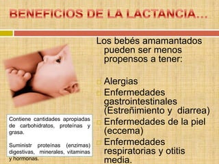 Los bebés amamantados
                                    pueden ser menos
                                    propensos a tener:

                                    Alergias
                                    Enfermedades
                                     gastrointestinales
                                     (Estreñimiento y diarrea)
Contiene cantidades apropiadas
de carbohidratos, proteínas y
                                    Enfermedades de la piel
grasa.                               (eccema)
Suministr proteínas (enzimas)       Enfermedades
digestivas, minerales, vitaminas     respiratorias y otitis
y hormonas.                          media.
 