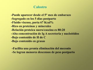 Calostro
-Puede aparecer desde el 5° mes de embarazo
-Segregado en los 5 días postparto
-Fluido viscoso, porta 67 Kcal%
-Rico en proteínas y minerales
-Relación proteica suero/caseína es 80:20
-Alta concentración de Ig A secretoria y nucleótidos
-Bajo contenido de H de C
-Bajo contenido en grasas
-Facilita una pronta eliminación del meconio
-Se logran menores descensos de peso postparto
 