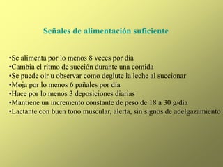 Señales de alimentación suficiente
•Se alimenta por lo menos 8 veces por día
•Cambia el ritmo de succión durante una comida
•Se puede oir u observar como deglute la leche al succionar
•Moja por lo menos 6 pañales por día
•Hace por lo menos 3 deposiciones diarias
•Mantiene un incremento constante de peso de 18 a 30 g/día
•Lactante con buen tono muscular, alerta, sin signos de adelgazamiento
 