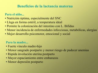 Beneficios de la lactancia materna
Para el niño...
• Nutrición óptima, especialmente del SNC
• Llega en forma estéril, a temperatura ideal
• Permite la colonización del intestino con L. Bifidus
• Menor incidencia de enfermedades infecciosas, metabólicas, alergias
• Mejor desarrollo psicomotor, emocional y social
Para la madre...
• Fuerte vínculo madre-hijo
• Menor sangrado postparto y menor riesgo de padecer anemias
• Rápida involución uterina postparto
• Mayor espaciamiento entre embarazos
• Menor depresión postparto
 