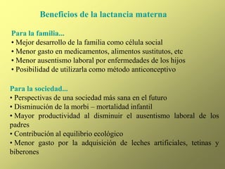 Beneficios de la lactancia materna
Para la familia...
• Mejor desarrollo de la familia como célula social
• Menor gasto en medicamentos, alimentos sustitutos, etc
• Menor ausentismo laboral por enfermedades de los hijos
• Posibilidad de utilizarla como método anticonceptivo
Para la sociedad...
• Perspectivas de una sociedad más sana en el futuro
• Disminución de la morbi – mortalidad infantil
• Mayor productividad al disminuir el ausentismo laboral de los
padres
• Contribución al equilibrio ecológico
• Menor gasto por la adquisición de leches artificiales, tetinas y
biberones
 