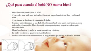 • El recién nacido no saca bien la leche.
• Al no poder sacar suficiente leche el recién nacido no queda satisfecho, llora y rechaza el
seno.
• Al no mamar se disminuye la producción de leche.
• Cuando a un recién nacido le han dado biberón se confunde y no agarra bien la areola, sobre
todo en los primeros días. El recién nacido no aumenta de peso, porque no está sacando
suficiente leche.
• El pezón se lastima, el pecho se puede congestionar e infectar.
• La madre con dolor no quiere seguir dando el seno.
• Cuando el recién nacido no mama bien, es muy probable que fracase la lactancia materna
 
