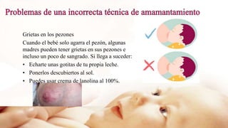 Grietas en los pezones
Cuando el bebé solo agarra el pezón, algunas
madres pueden tener grietas en sus pezones e
incluso un poco de sangrado. Si llega a suceder:
• Echarte unas gotitas de tu propia leche.
• Ponerlos descubiertos al sol.
• Puedes usar crema de lanolina al 100%.
 