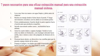 1. Lava muy bien tus manos con agua limpia y jabón antes de
empezar.
2. Realiza un masaje desde el tórax hacia el pezón. Y luego
movimientos circulares con los dedos en un mismo punto.
3. Frota cuidadosamente el pecho desde la parte superior hacia
el pezón para que produzca cosquilleo.
4. Sacude suavemente ambos senos , inclinándote hacia
delante.
5. Junta los cuatro dedos y separa el pulgar. Sostén el seno
entre tus dedos en forma de c, con el pulgar colocado hacia
arriba, mas o menos a una o dos pulgadas de distancia de tu
pezón.
6. Presiona hacia dentro, en dirección a tus costillas para que la
presión empuje detrás de los senos.
7. Empuja el pulgar y los dedos que están sosteniendo el seno
hacia el pezón, pero sólo llega hasta la areola.
 