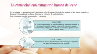 En ocasiones, es necesario recurrir a otros métodos de extracción de leche para vaciar los senos, como lo es
la extracción mecánica mediante el uso de un extractor de leche materna.
Los extractores pueden ser manuales y eléctricos:
.
MANUALES
Los extractores manuales no necesitan baterías ni energía eléctrica. Al
colocar el seno en la copa del extractor, la succión se realiza
manualmente, empujando y soltando una manija o apretando una
perita o bola de goma.
ELÉCTRICOS
Funcionan con pilas o enchufados a la red eléctrica y no requieren,
por tanto, del esfuerzo físico de la madre.
 