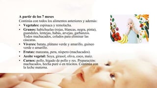 A partir de los 7 meses
Continúa con todos los alimentos anteriores y además:
• Vegetales: espinaca y remolacha.
• Granos: habichuelas (rojas, blancas, negra, pinta),
guandules, lentejas, habas, arvejas, garbanzos.
Todos machacados, colados para eliminar las
cáscaras.
• Víveres: batata, plátano verde y amarillo, guineo
verde o amarillo.
• Frutas: manzana, pera, níspero (machacados).
• Aceite vegetal: Soya, girasol, oliva, coco, maíz.
• Carnes: pollo, hígado de pollo y res. Preparación:
machacados, hecha puré o en trocitos. Continúa con
la leche materna.
 