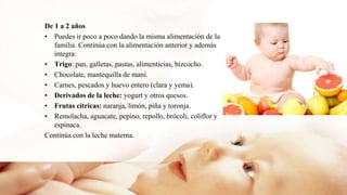 De 1 a 2 años
• Puedes ir poco a poco dando la misma alimentación de la
familia. Continúa con la alimentación anterior y además
integra:
• Trigo: pan, galletas, pastas, alimenticias, bizcocho.
• Chocolate, mantequilla de maní.
• Carnes, pescados y huevo entero (clara y yema).
• Derivados de la leche: yogurt y otros quesos.
• Frutas cítricas: naranja, limón, piña y toronja.
• Remolacha, aguacate, pepino, repollo, brócoli, coliflor y
espinaca.
Continúa con la leche materna.
 