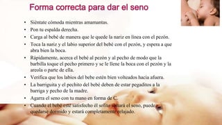 • Siéntate cómoda mientras amamantas.
• Pon tu espalda derecha.
• Carga al bebé de manera que le quede la nariz en línea con el pezón.
• Toca la nariz y el labio superior del bebé con el pezón, y espera a que
abra bien la boca.
• Rápidamente, acerca el bebé al pezón y al pecho de modo que la
barbilla toque el pecho primero y se le llene la boca con el pezón y la
areola o parte de ella.
• Verifica que los labios del bebe estén bien volteados hacia afuera.
• La barriguita y el pechito del bebé deben de estar pegaditos a la
barriga y pecho de la madre.
• Agarra el seno con tu mano en forma de C.
• Cuando el bebé esté satisfecho él solito soltará el seno, puede
quedarse dormido y estará completamente relajado.
 