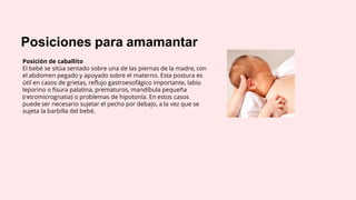 Posiciones para amamantar
Posición de caballito
El bebé se sitúa sentado sobre una de las piernas de la madre, con
el abdomen pegado y apoyado sobre el materno. Esta postura es
útil en casos de grietas, reflujo gastroesofágico importante, labio
leporino o fisura palatina, prematuros, mandíbula pequeña
(retromicrognatia) o problemas de hipotonía. En estos casos
puede ser necesario sujetar el pecho por debajo, a la vez que se
sujeta la barbilla del bebé.
 