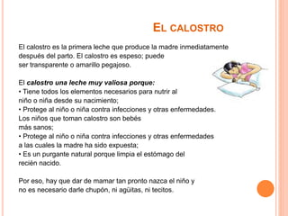 EL CALOSTRO 
El calostro es la primera leche que produce la madre inmediatamente 
después del parto. El calostro es espeso; puede 
ser transparente o amarillo pegajoso. 
El calostro una leche muy valiosa porque: 
• Tiene todos los elementos necesarios para nutrir al 
niño o niña desde su nacimiento; 
• Protege al niño o niña contra infecciones y otras enfermedades. 
Los niños que toman calostro son bebés 
más sanos; 
• Protege al niño o niña contra infecciones y otras enfermedades 
a las cuales la madre ha sido expuesta; 
• Es un purgante natural porque limpia el estómago del 
recién nacido. 
Por eso, hay que dar de mamar tan pronto nazca el niño y 
no es necesario darle chupón, ni agüitas, ni tecitos. 
 
