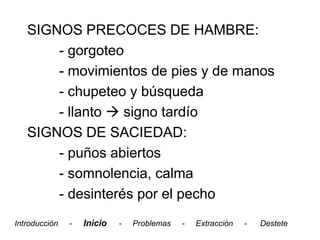 SIGNOS PRECOCES DE HAMBRE:
       - gorgoteo
       - movimientos de pies y de manos
       - chupeteo y búsqueda
       - llanto  signo tardío
   SIGNOS DE SACIEDAD:
       - puños abiertos
       - somnolencia, calma
       - desinterés por el pecho
Introducción   -   Inicio   -   Problemas   -   Extracción   -   Destete
 