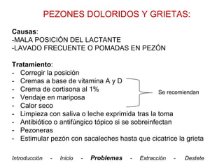 PEZONES DOLORIDOS Y GRIETAS:
Causas:
-MALA POSICIÓN DEL LACTANTE
-LAVADO FRECUENTE O POMADAS EN PEZÓN

Tratamiento:
- Corregir la posición
- Cremas a base de vitamina A y D
- Crema de cortisona al 1%                        Se recomiendan
- Vendaje en mariposa
- Calor seco
- Limpieza con saliva o leche exprimida tras la toma
- Antibiótico o antifúngico tópico si se sobreinfectan
- Pezoneras
- Estimular pezón con sacaleches hasta que cicatrice la grieta

Introducción    -   Inicio   -   Problemas   -   Extracción   -   Destete
 