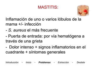 MASTITIS:

Inflamación de uno o varios lóbulos de la
mama +/- infección
- S. aureus el más frecuente
- Puerta de entrada: por vía hematógena a
través de una grieta
- Dolor intenso + signos inflamatorios en el
cuadrante + síntomas generales

Introducción   -   Inicio   -   Problemas   -   Extracción   -   Destete
 