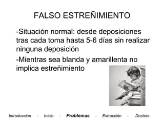 FALSO ESTREÑIMIENTO
    -Situación normal: desde deposiciones
    tras cada toma hasta 5-6 días sin realizar
    ninguna deposición
    -Mientras sea blanda y amarillenta no
    implica estreñimiento




Introducción   -   Inicio   -   Problemas   -   Extracción   -   Destete
 