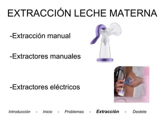 EXTRACCIÓN LECHE MATERNA

-Extracción manual

-Extractores manuales



-Extractores eléctricos


Introducción   -   Inicio   -   Problemas   -   Extracción   -   Destete
 