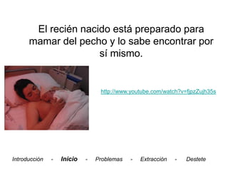 El recién nacido está preparado para
      mamar del pecho y lo sabe encontrar por
                     sí mismo.


                                 http://www.youtube.com/watch?v=fjpzZujh35s




Introducción   -   Inicio   -   Problemas   -   Extracción   -   Destete
 