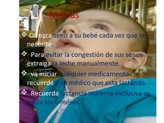 Mamás
 Ofrezca seno a su bebé cada vez que lo
 necesite.
 Para evitar la congestión de sus senos
 extraiga la leche manualmente.
 va iniciar cualquier medicamento
 recuerde a su médico que esta lactando.
 Recuerda lactancia materna exclusiva es
 hasta los 6 meses.
 