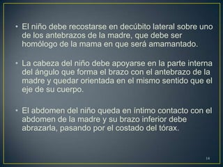• El niño debe recostarse en decúbito lateral sobre uno
de los antebrazos de la madre, que debe ser
homólogo de la mama en que será amamantado.
• La cabeza del niño debe apoyarse en la parte interna
del ángulo que forma el brazo con el antebrazo de la
madre y quedar orientada en el mismo sentido que el
eje de su cuerpo.
• El abdomen del niño queda en íntimo contacto con el
abdomen de la madre y su brazo inferior debe
abrazarla, pasando por el costado del tórax.
14
 