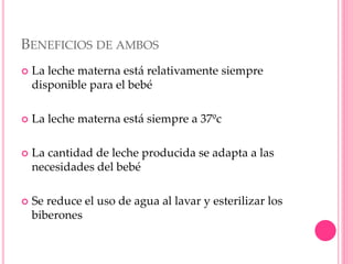 BENEFICIOS DE AMBOS
 La leche materna está relativamente siempre
disponible para el bebé
 La leche materna está siempre a 37ºc
 La cantidad de leche producida se adapta a las
necesidades del bebé
 Se reduce el uso de agua al lavar y esterilizar los
biberones
 
